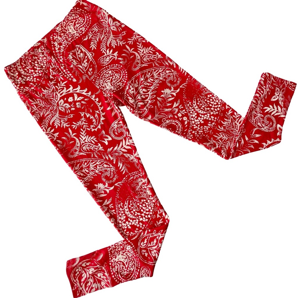 LulaRoe One Size Red and White Floral Stretchy Buttery Soft Leggings